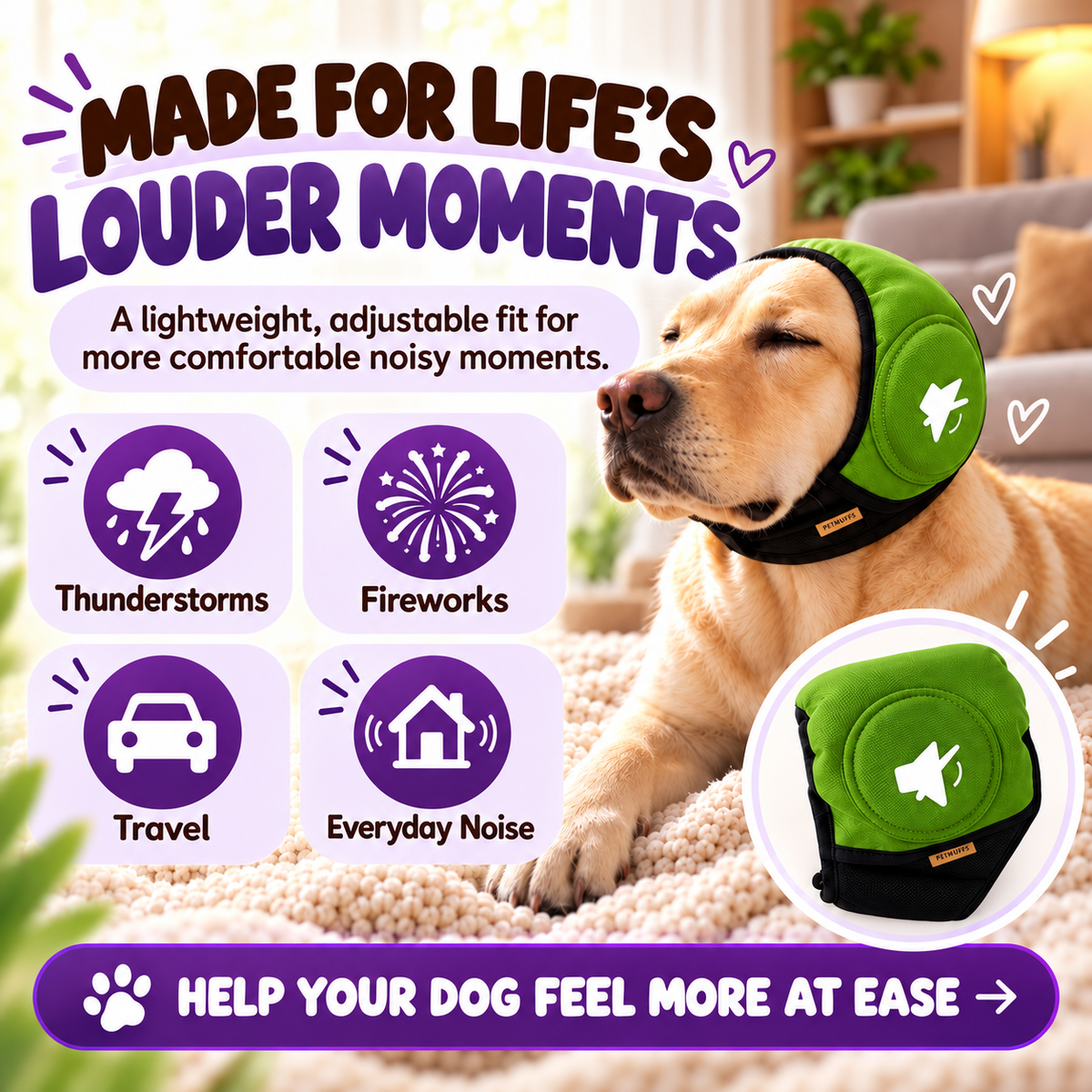 PetMuffs Noise-Reducing Dog Ear Muffs for Thunderstorms & Fireworks – Lightweight, Adjustable Fit
