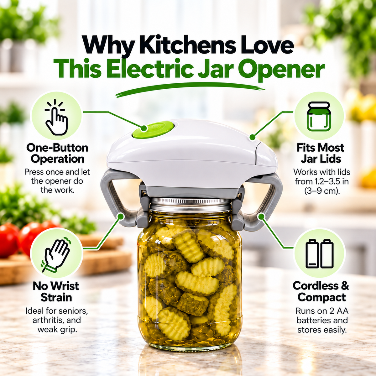 One-Touch Automatic Jar Opener – 🫙Hands-Free Electric Lid Twister for Seniors & Arthritis