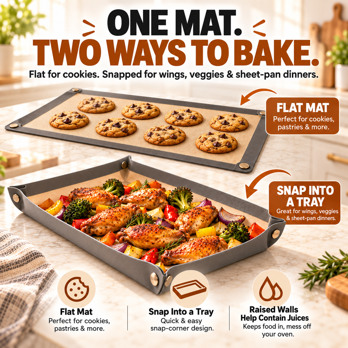 🔥Pinch Pan™ | 2-in-1 Silicone Baking Mat That Snaps Into a Tray