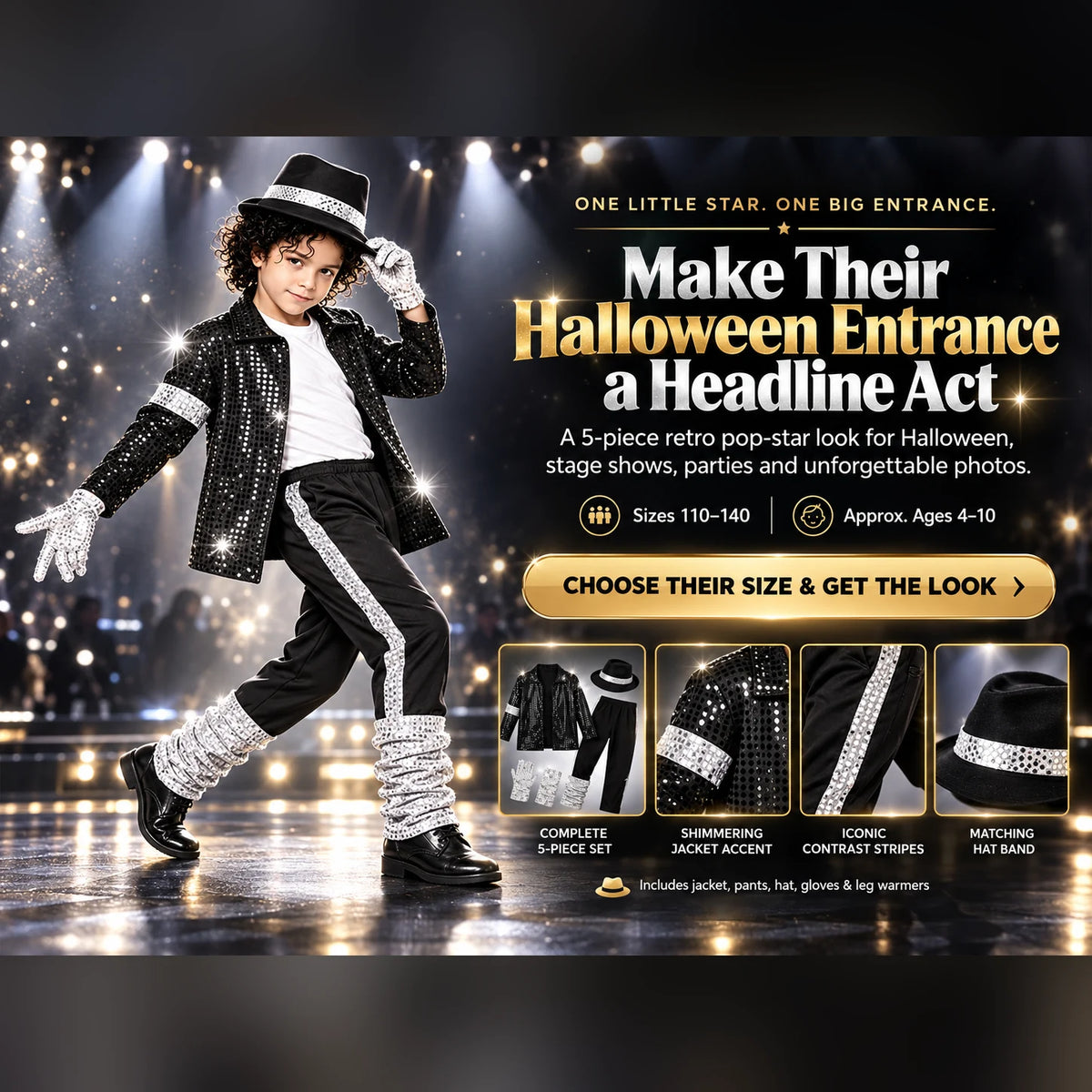 Kids’ Retro Pop Star Halloween Costume – 5-Piece Black Sparkle Set