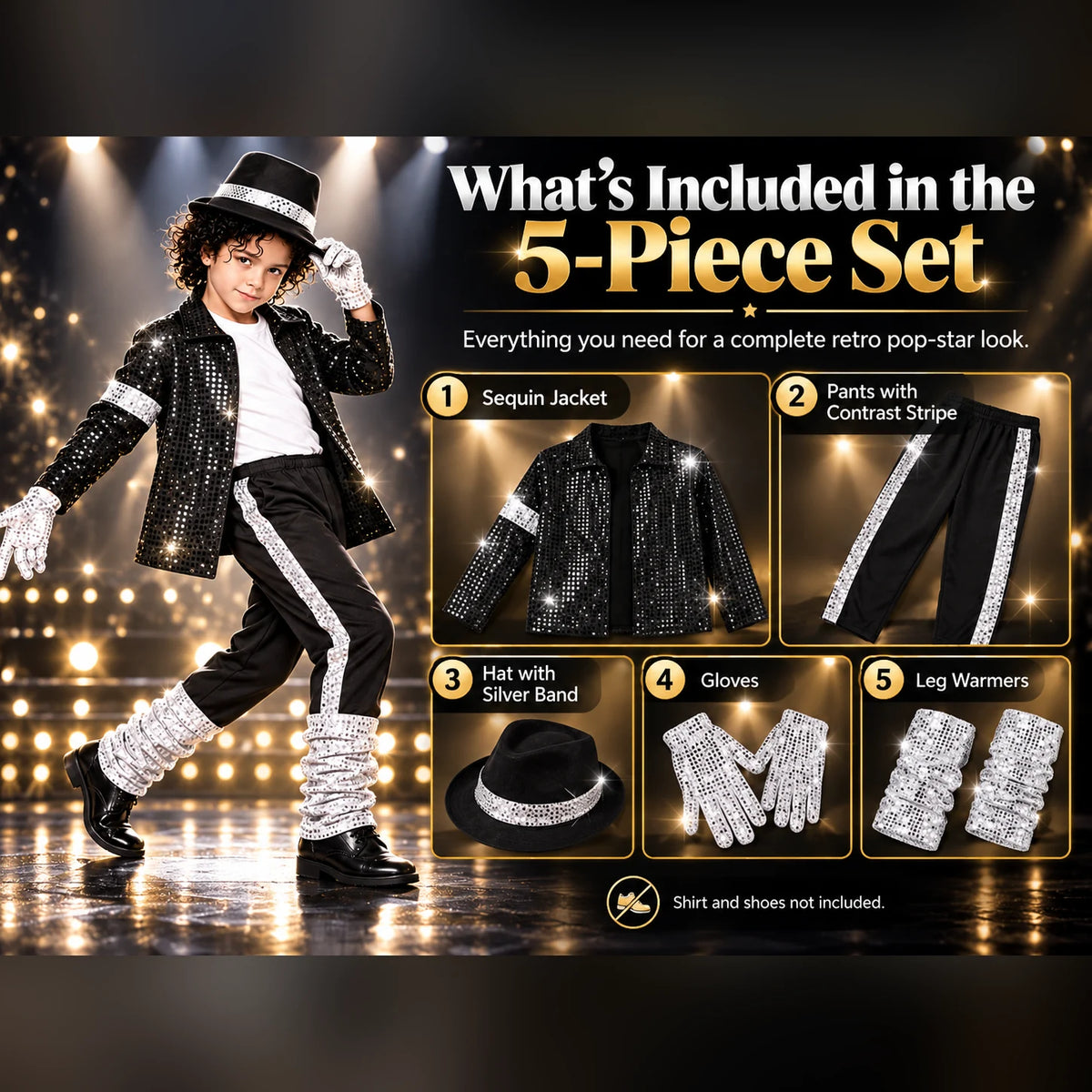Kids’ Retro Pop Star Halloween Costume – 5-Piece Black Sparkle Set