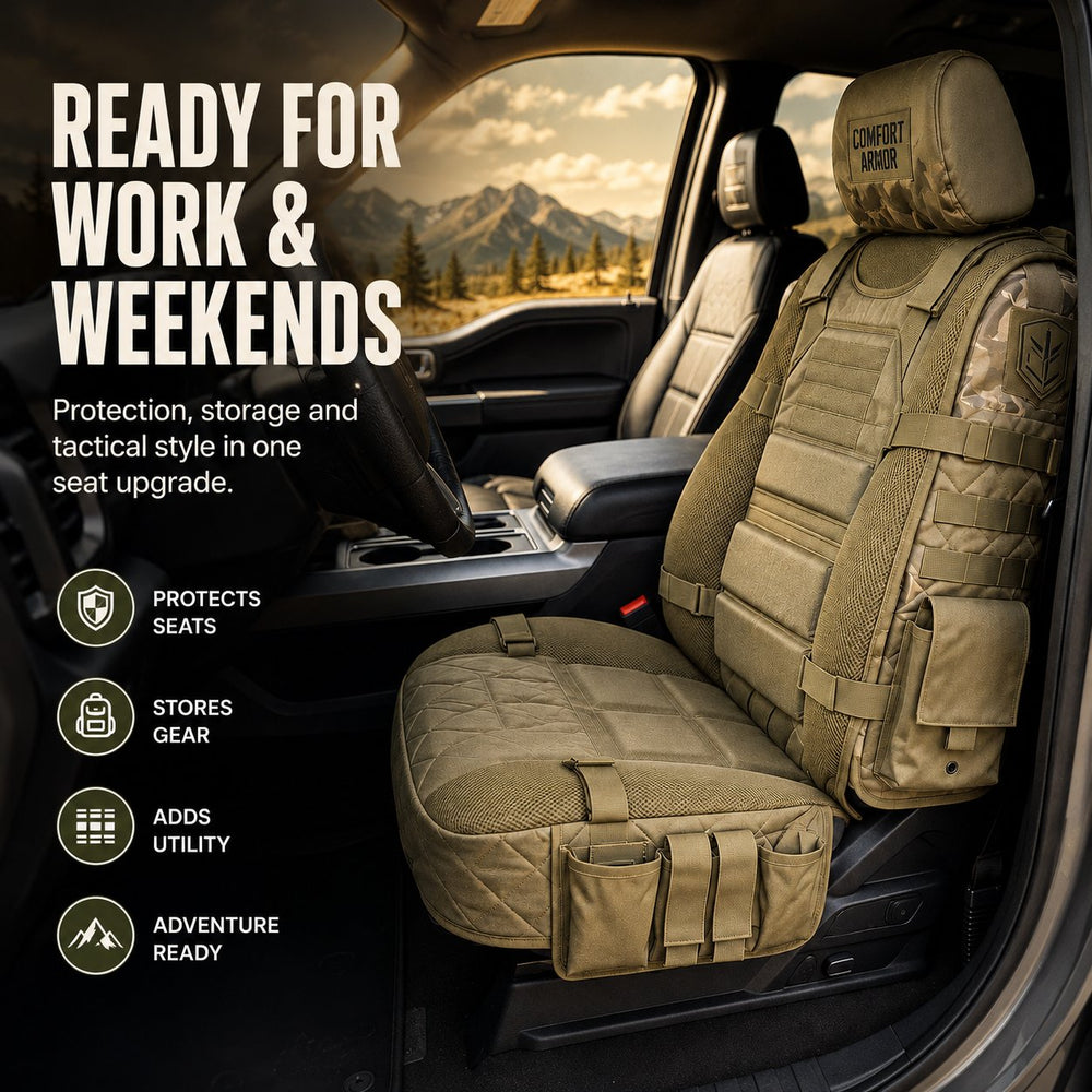 Brown tactical MOLLE car seat organizer