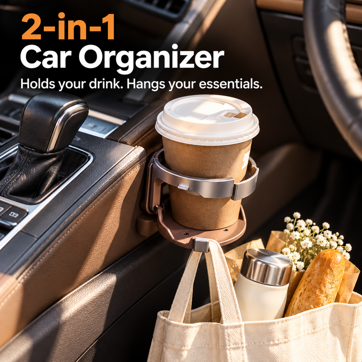 Universal Foldable Car Cup Holder with Hook – Space-Saving Drink & Bag Organizer