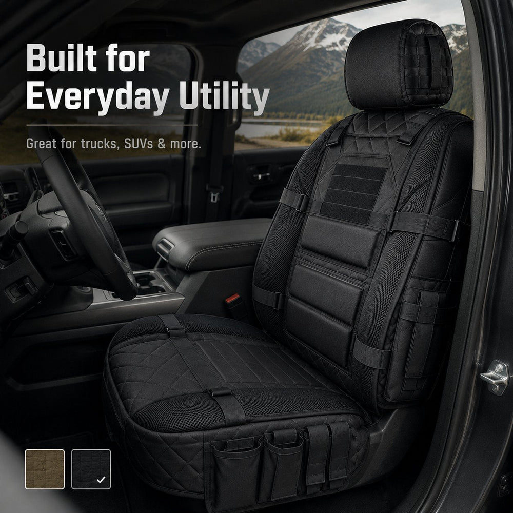 Black tactical MOLLE car seat organizer