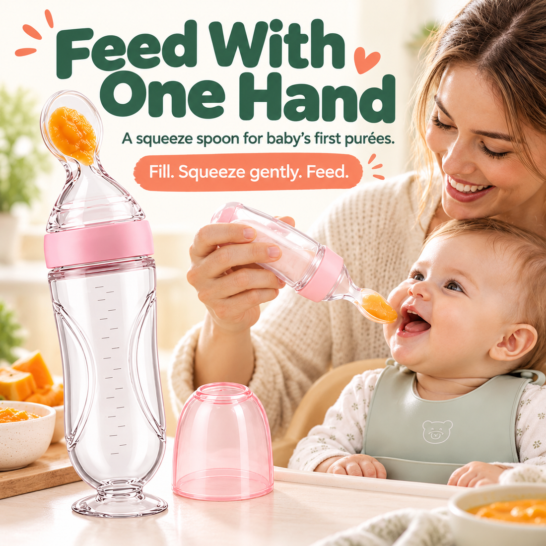 TinyBits squeeze spoon for feeding baby purées, shown with a parent, baby and protective cap.