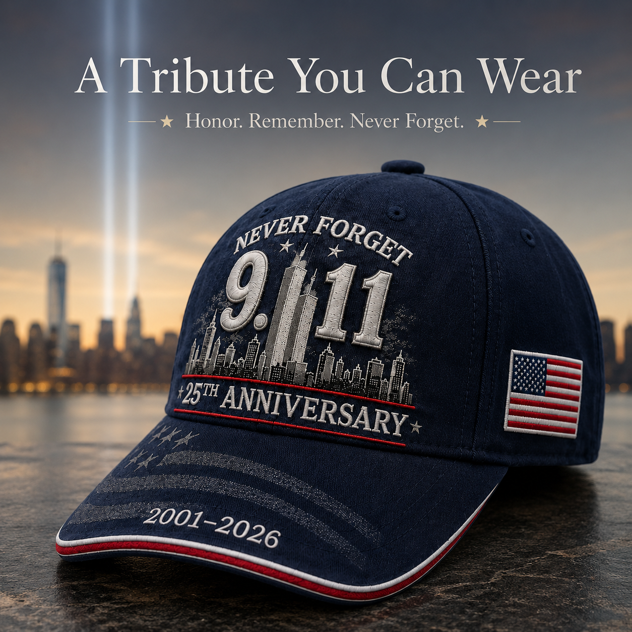 🕯️ 9/11 Never Forget 25th Anniversary Memorial Cap