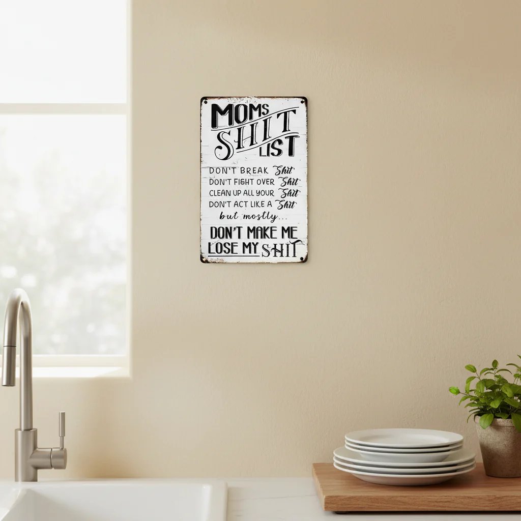 "Mom’s Shit List" Funny Metal Sign – Sarcastic Tin Plaque for the Queen of the House