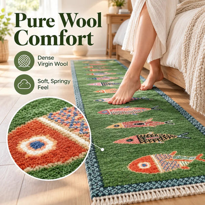 Handknotted Fish design Runner Rug - Blue - Green color Contemporary Style Wool Runner Rug - Hallway Runner - Kitchen runner - Boho runner