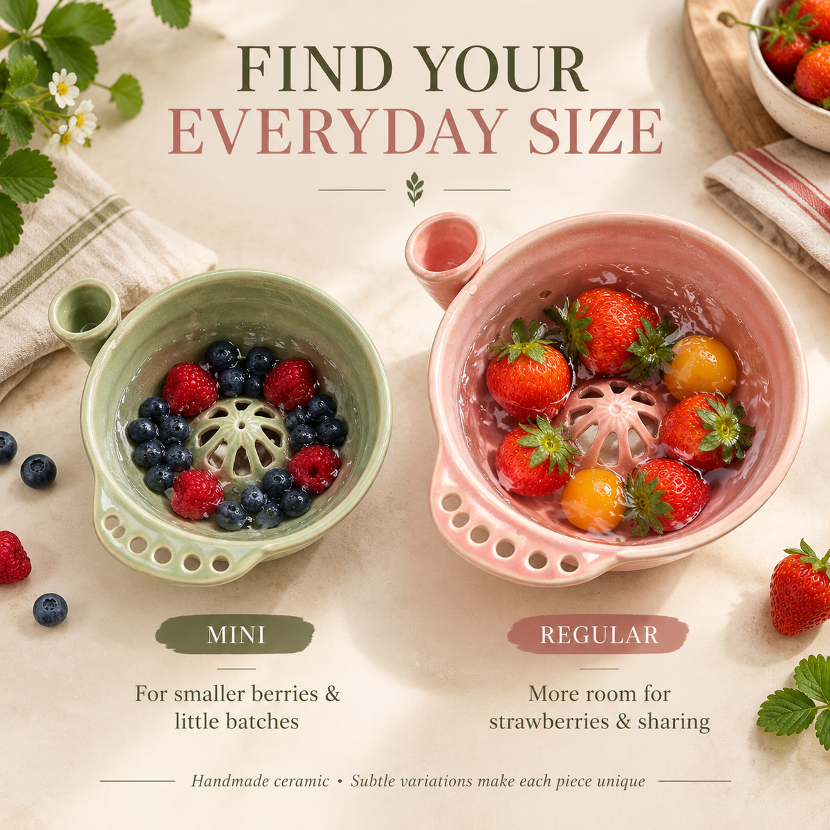 Handmade Ceramic Swirl Berry Washing Bowl — Water-Powered Vortex | 2 Sizes | No Electricity Needed