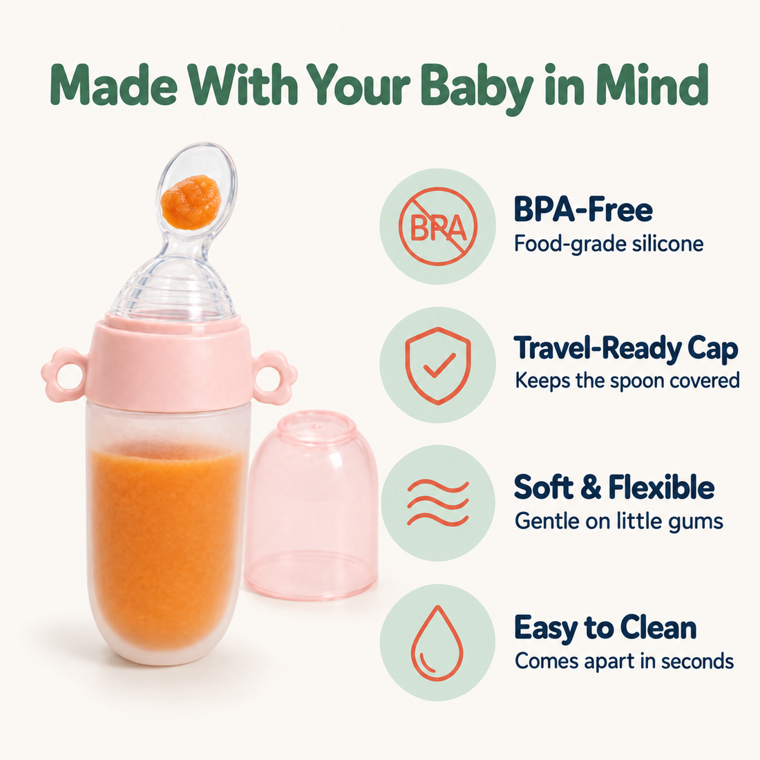 TinyBits squeeze spoon product feature infographic showing the reservoir, spoon and protective cap.