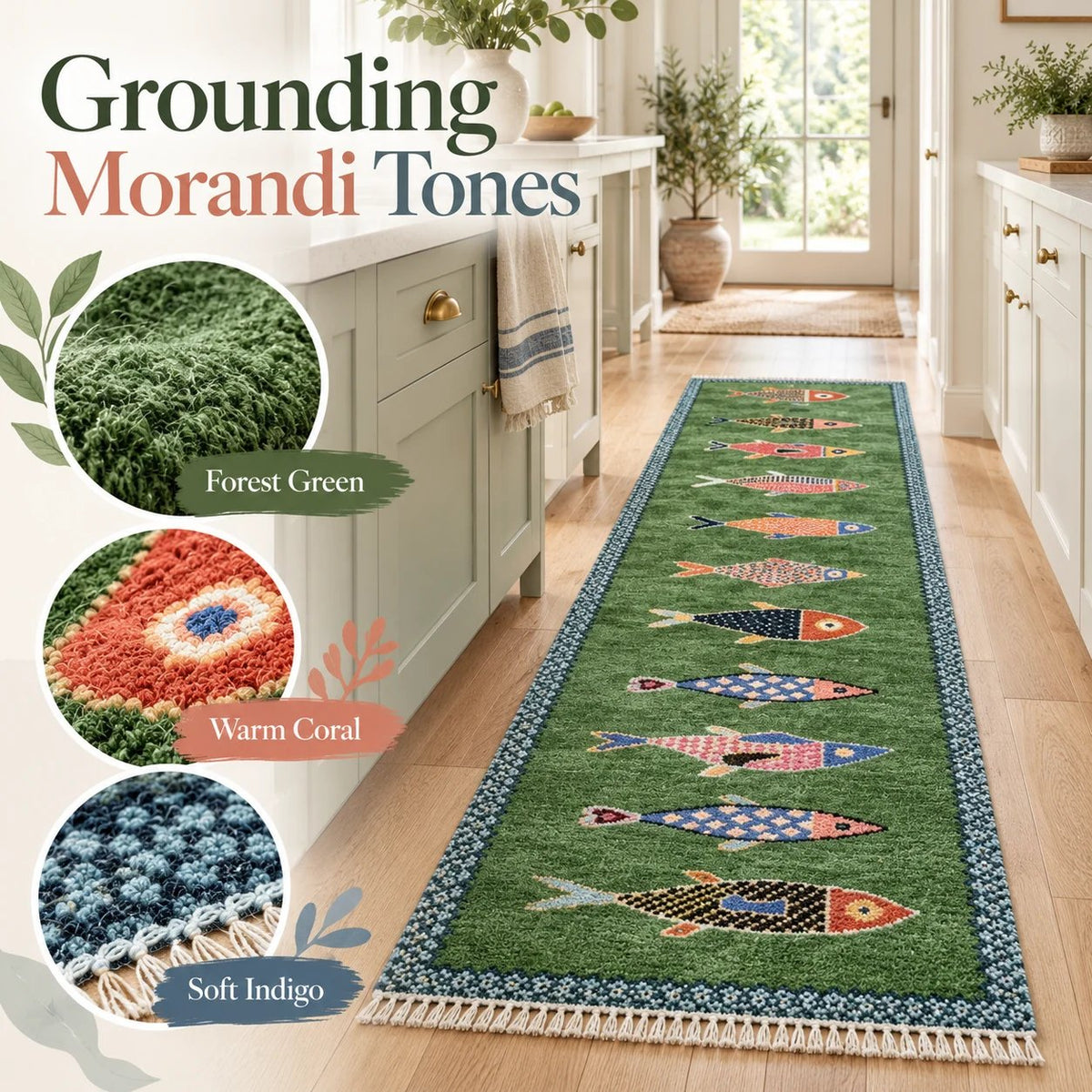 Handknotted Fish design Runner Rug - Blue - Green color Contemporary Style Wool Runner Rug - Hallway Runner - Kitchen runner - Boho runner