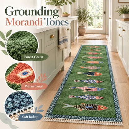 Handknotted Fish design Runner Rug - Blue - Green color Contemporary Style Wool Runner Rug - Hallway Runner - Kitchen runner - Boho runner