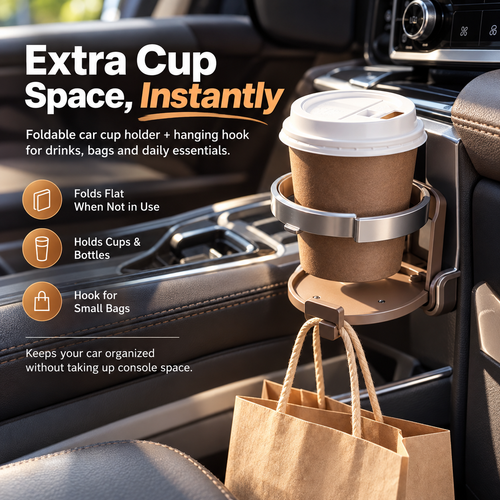 Universal Foldable Car Cup Holder with Hook – Space-Saving Drink & Bag Organizer