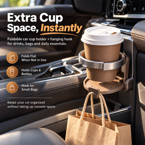 Universal Foldable Car Cup Holder with Hook – Space-Saving Drink & Bag Organizer