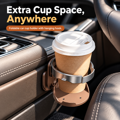 Universal Foldable Car Cup Holder with Hook – Space-Saving Drink & Bag Organizer