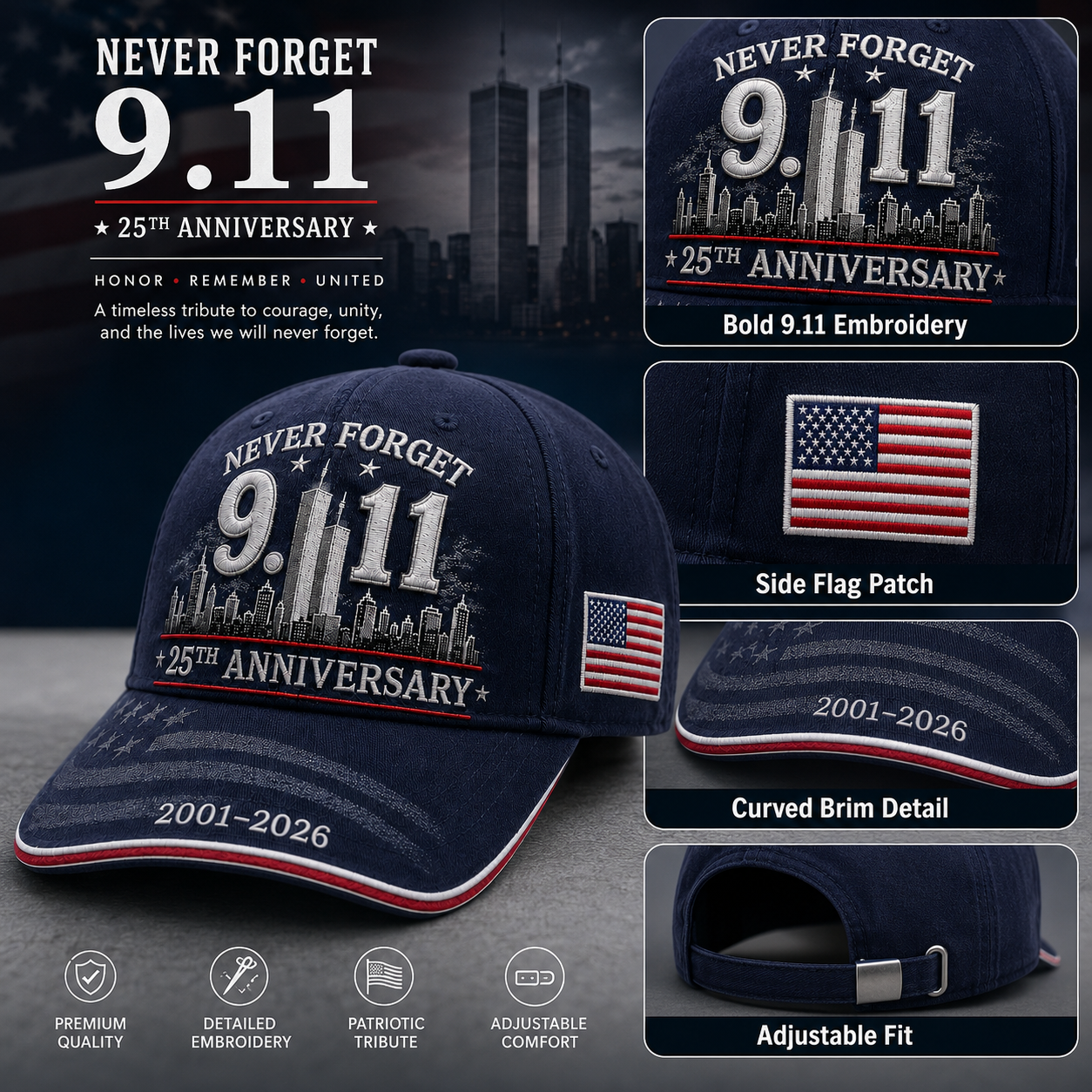 🕯️ 9/11 Never Forget 25th Anniversary Memorial Cap