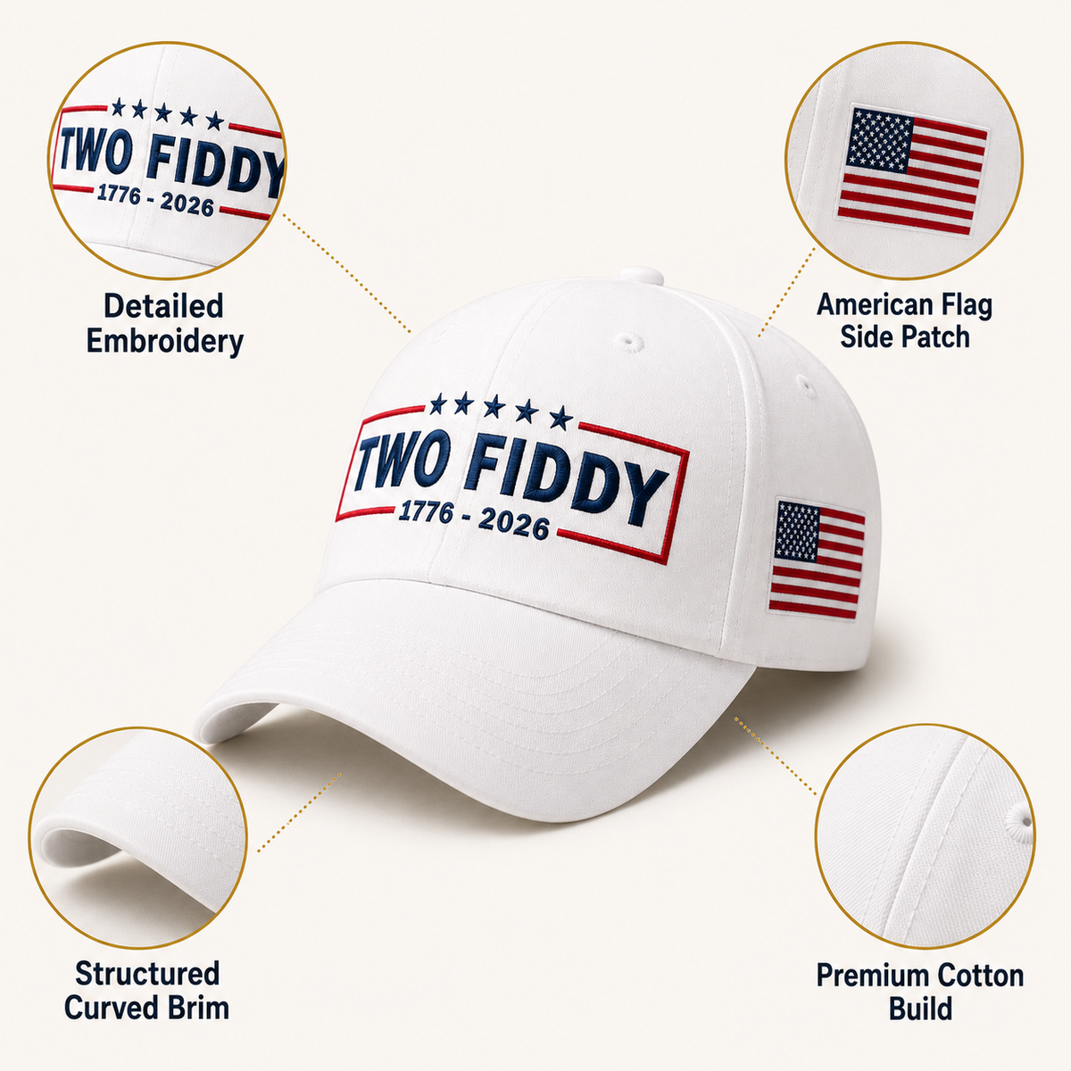 ❤️🤍💙TWO FIDDY 1776–2026 250th Anniversary Patriotic Embroidered Cap