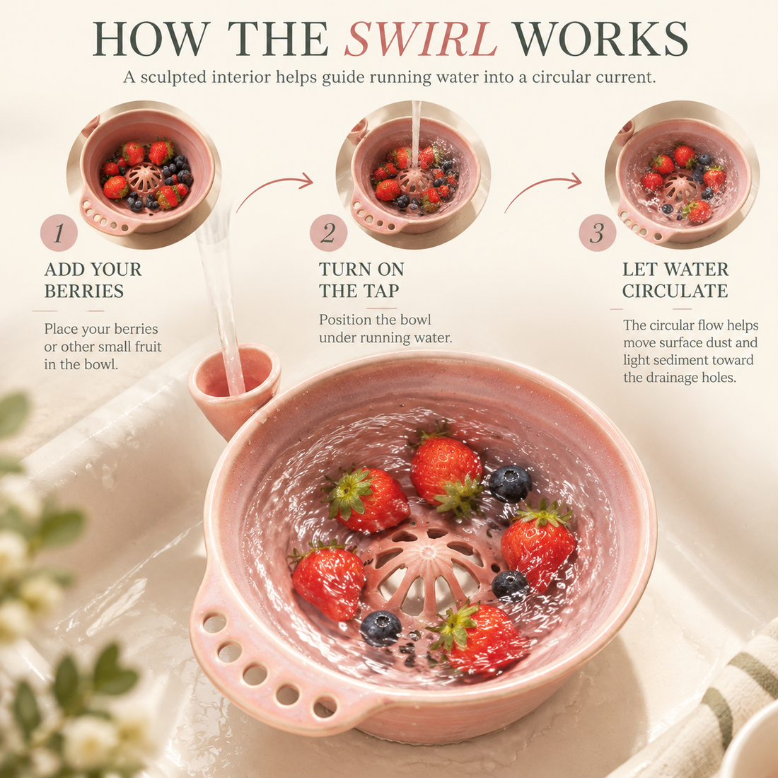 Three simple steps showing how to use the ceramic swirl berry washing bowl