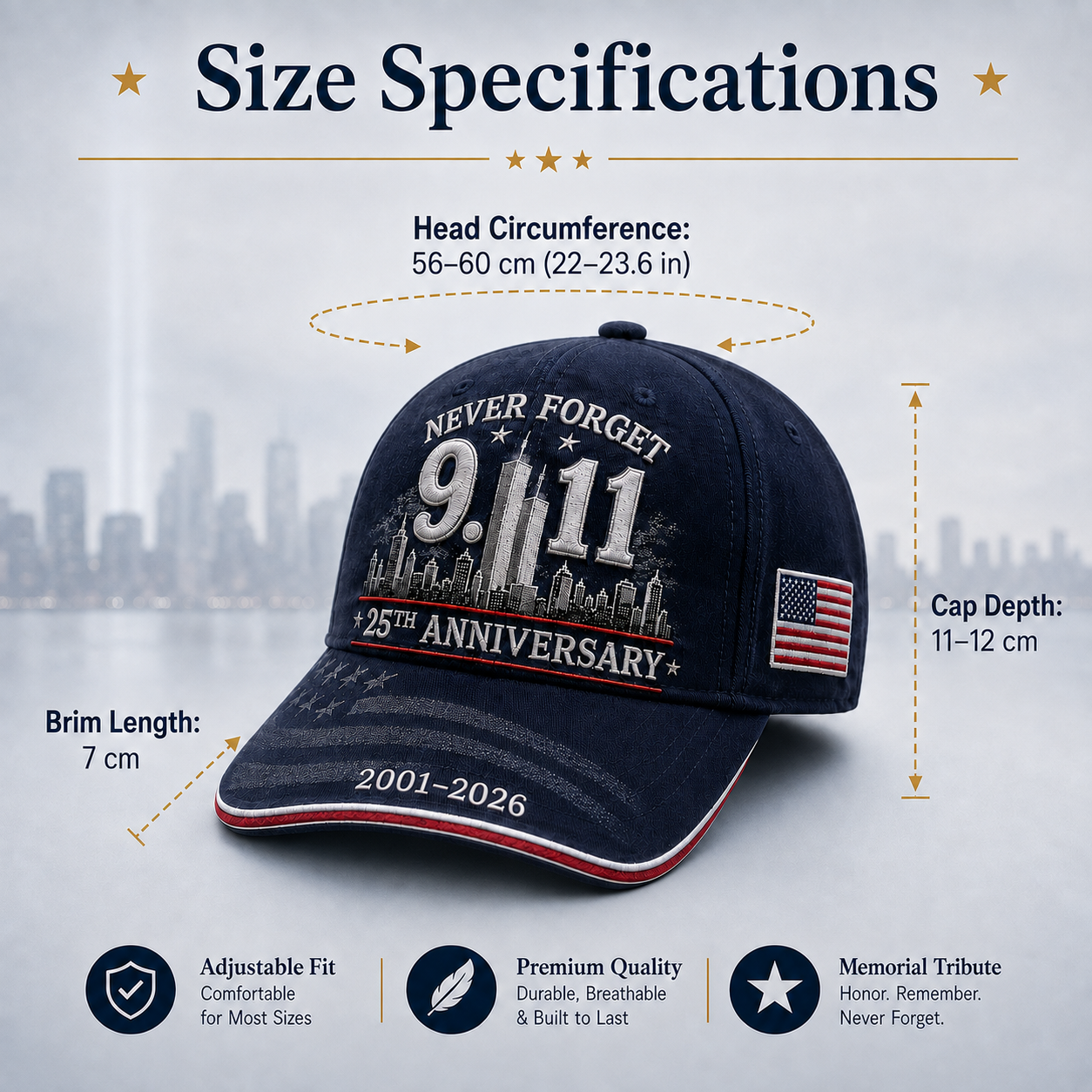🕯️ 9/11 Never Forget 25th Anniversary Memorial Cap