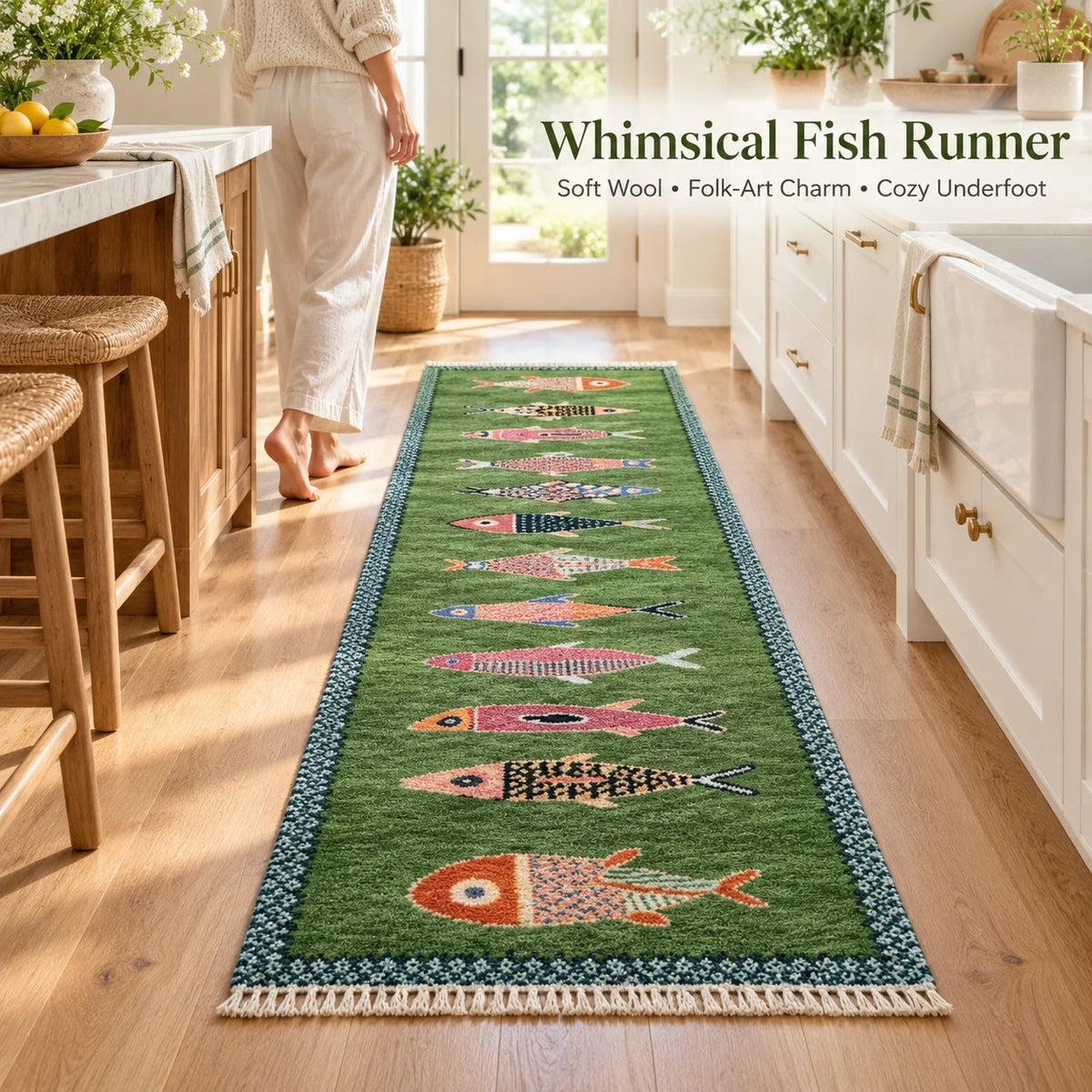 Handknotted Fish design Runner Rug - Blue - Green color Contemporary Style Wool Runner Rug - Hallway Runner - Kitchen runner - Boho runner