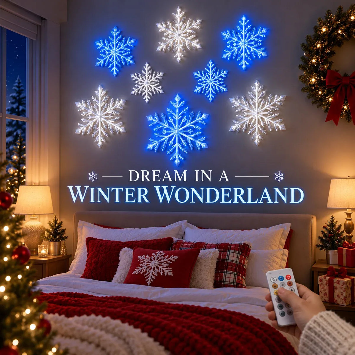 Last Day 49% OFF – ❄️ LED Snowflake Wall Lights | 3D Christmas Snowflake Décor with Blue & White Glow, Remote Control & Magical Indoor Holiday Atmosphere ✨