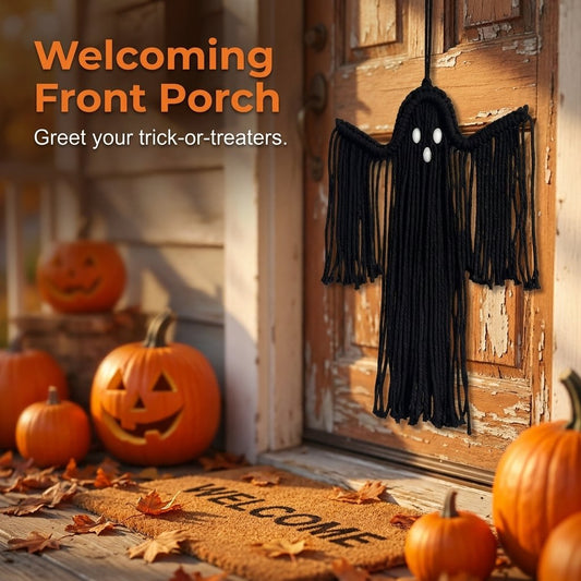 Handcrafted Woven Halloween Ghost Wall Decor - Cute Boho Hanging Ghost Decoration for Front Door, Porch & Indoor Home - Rustic Farmhouse Fall & Spooky Season Party Ornament