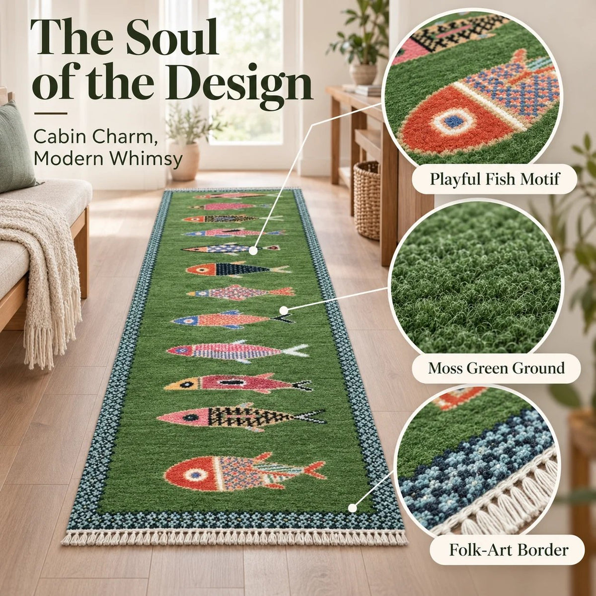 Handknotted Fish design Runner Rug - Blue - Green color Contemporary Style Wool Runner Rug - Hallway Runner - Kitchen runner - Boho runner