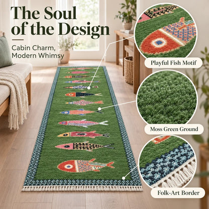 Handknotted Fish design Runner Rug - Blue - Green color Contemporary Style Wool Runner Rug - Hallway Runner - Kitchen runner - Boho runner