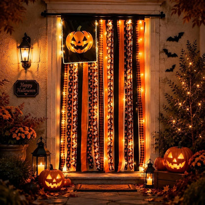 Halloween Banner Flag Pre-Lit Pumpkin Fabric Ribbon Garland Streamers