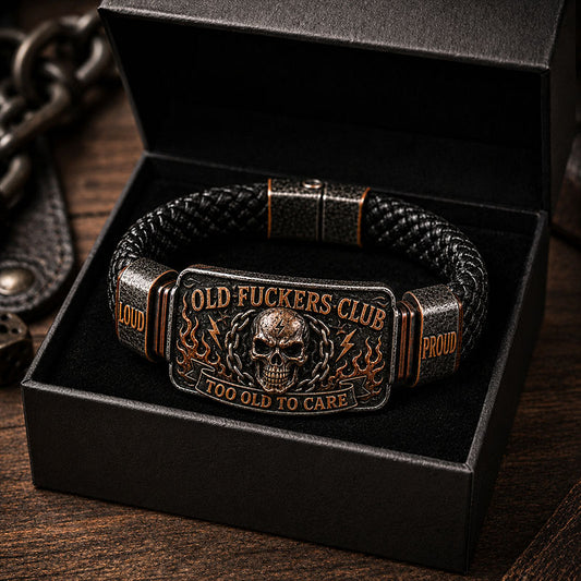 Old Fuckers Club Men’s Vintage Skull Flame Biker Braided Bracelet Gift Set