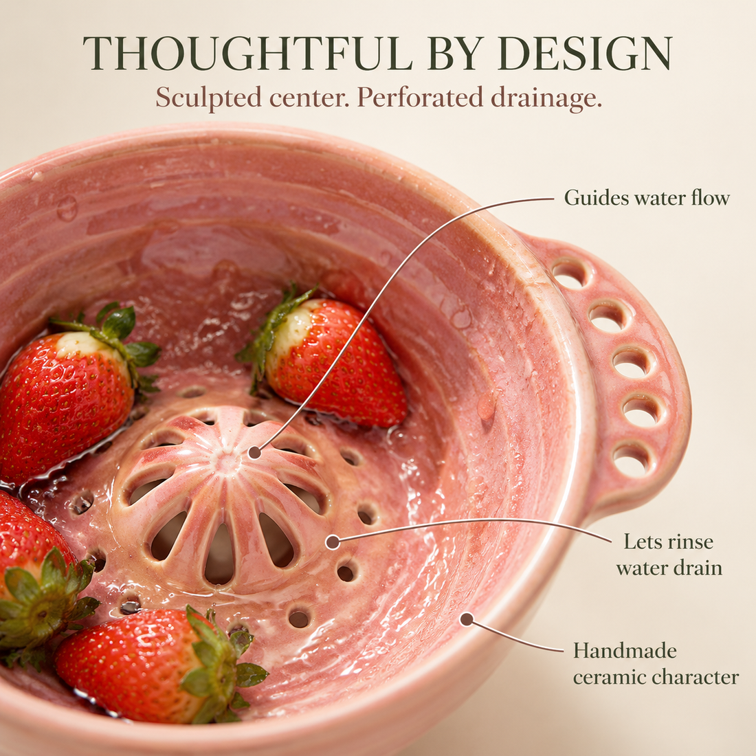 Thoughtful drainage details of the ceramic swirl berry bowl