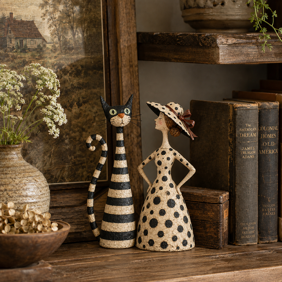 Vintage Cat & Lady Folk Art Figurine Set
