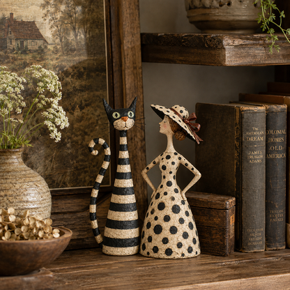 Vintage Cat & Lady Folk Art Figurine Set