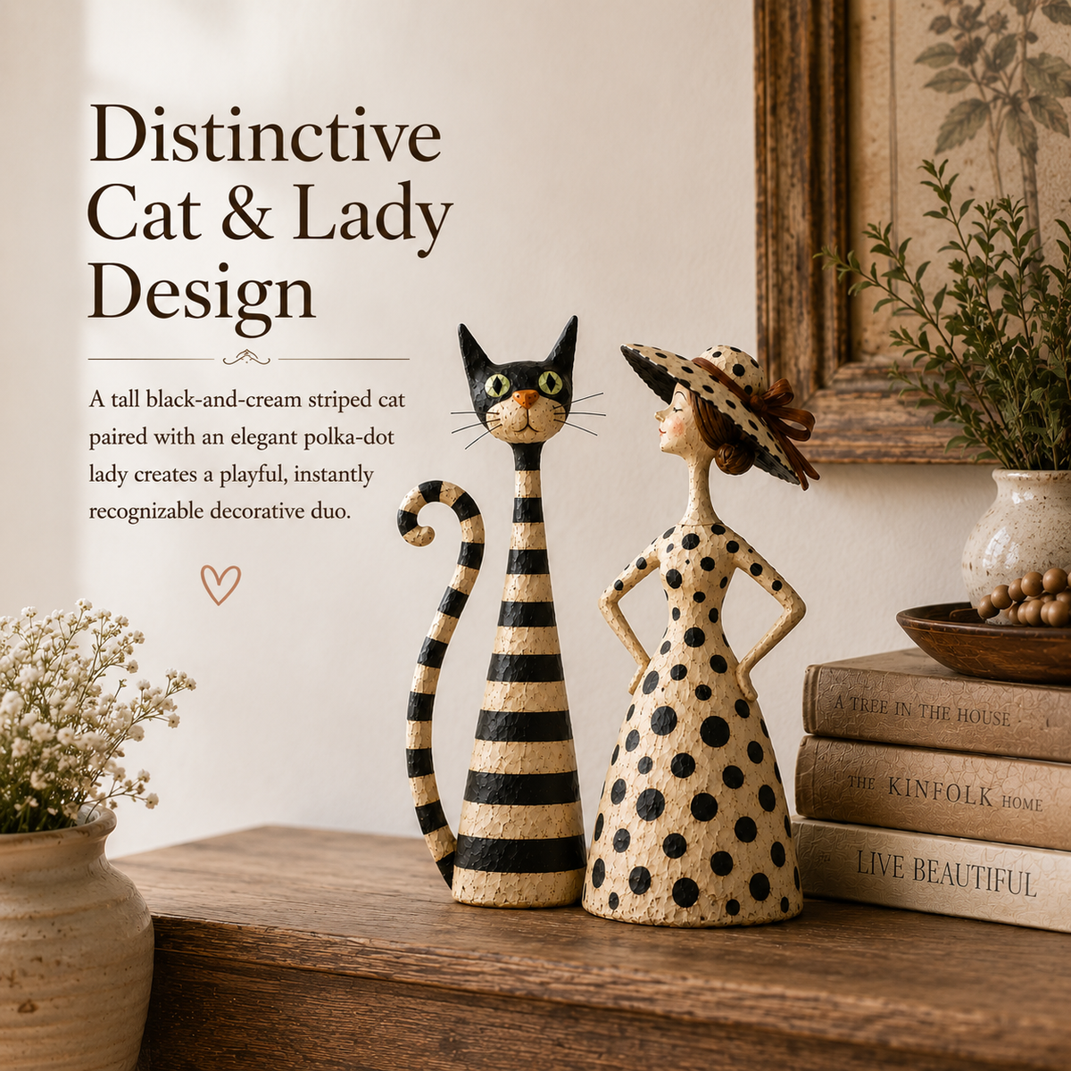 Vintage Cat & Lady Folk Art Figurine Set