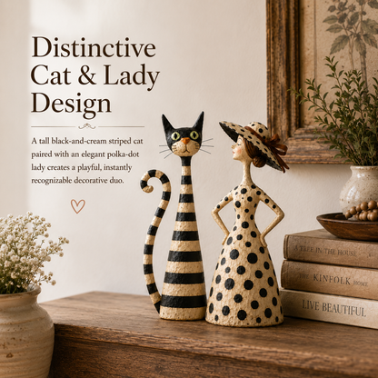Vintage Cat & Lady Folk Art Figurine Set