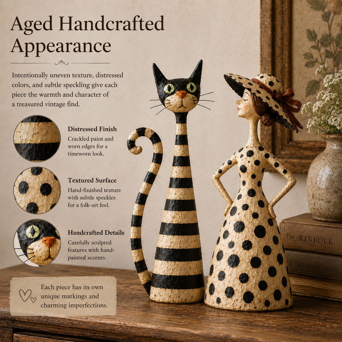 Vintage Cat & Lady Folk Art Figurine Set