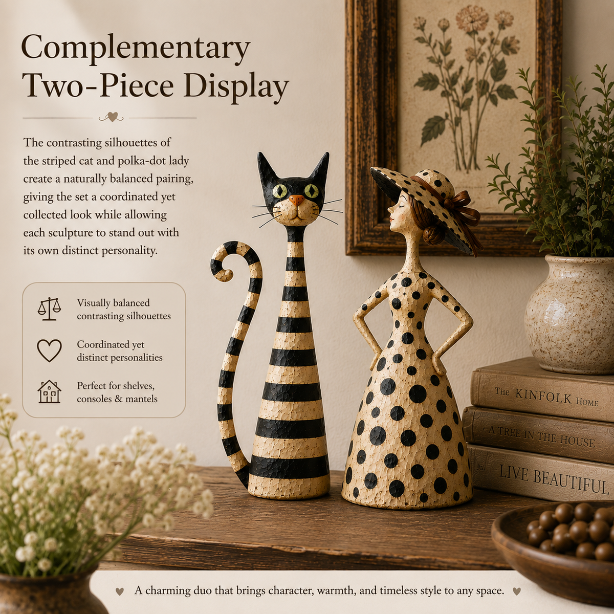 Vintage Cat & Lady Folk Art Figurine Set