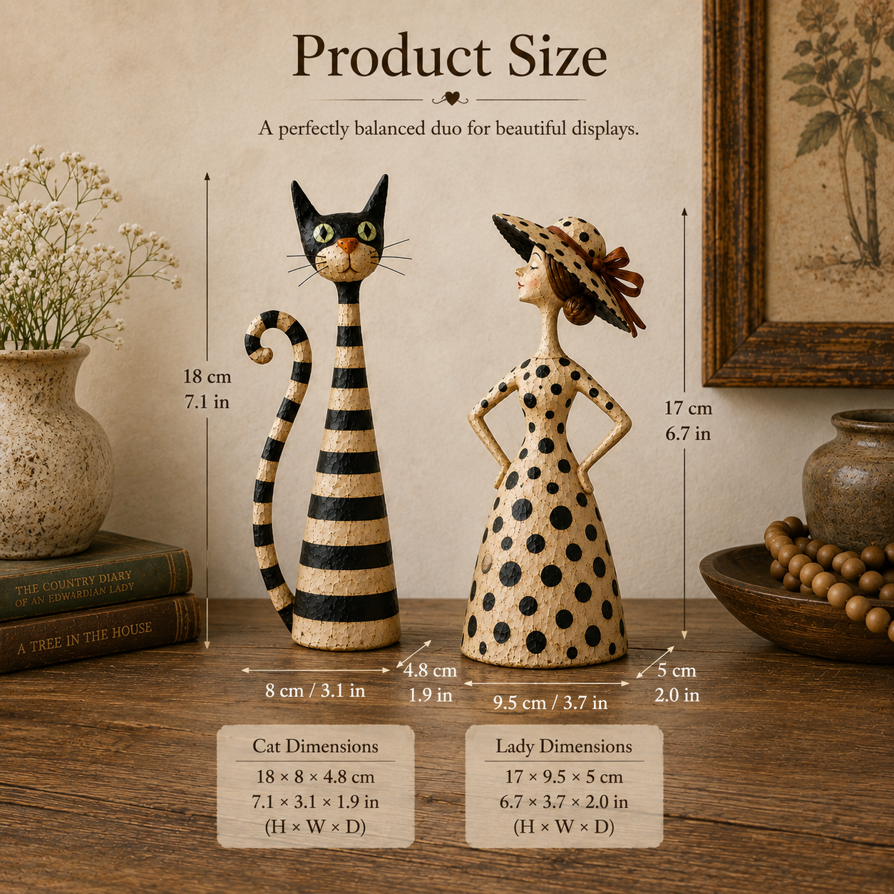 Vintage Cat & Lady Folk Art Figurine Set