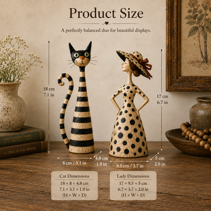 Vintage Cat & Lady Folk Art Figurine Set