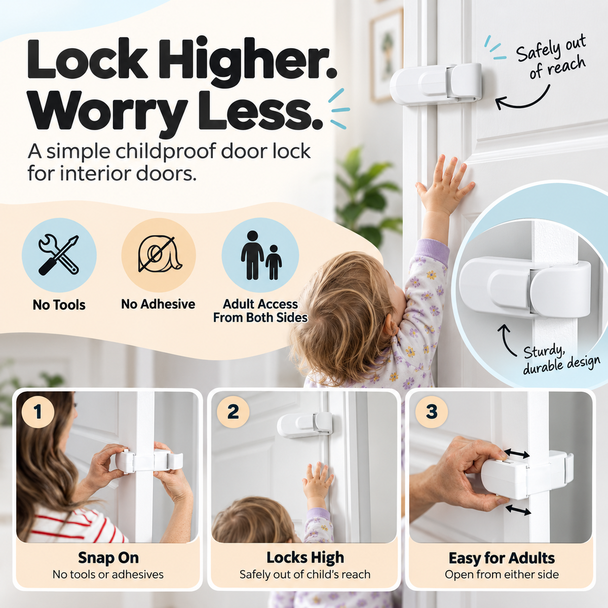 Childproof Safety Lock For Interior Doors - No-Drill Child Safety Door Lock(2 pack)