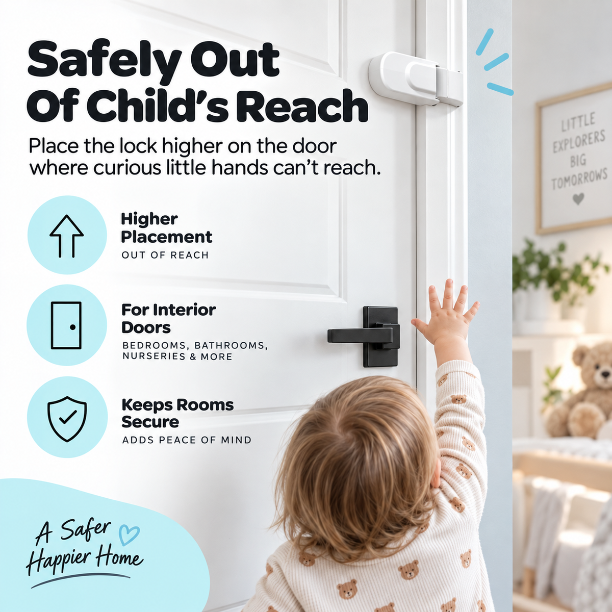 White child safety latch installed high on an interior door, above a toddler's reach