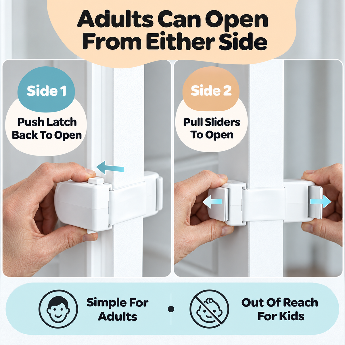Adults demonstrating the latch and release sliders on opposite sides of a door