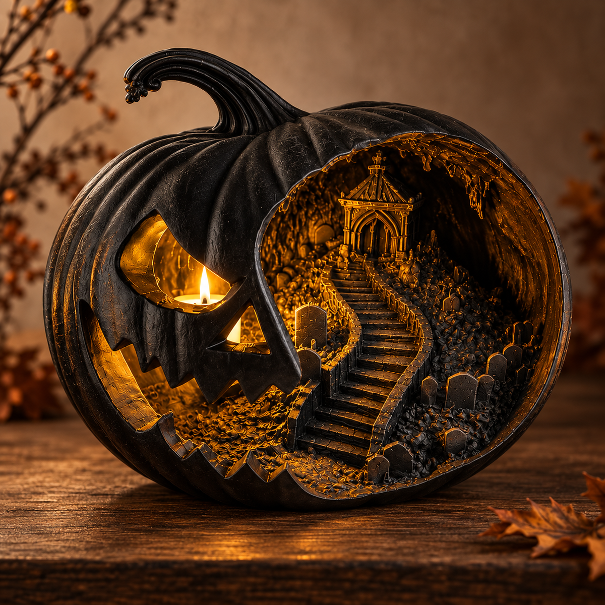 Haunted Pumpkin Lantern, Gothic Jack O Lantern, Spooky Cemetery Scene, Halloween Decor (8 Inch)