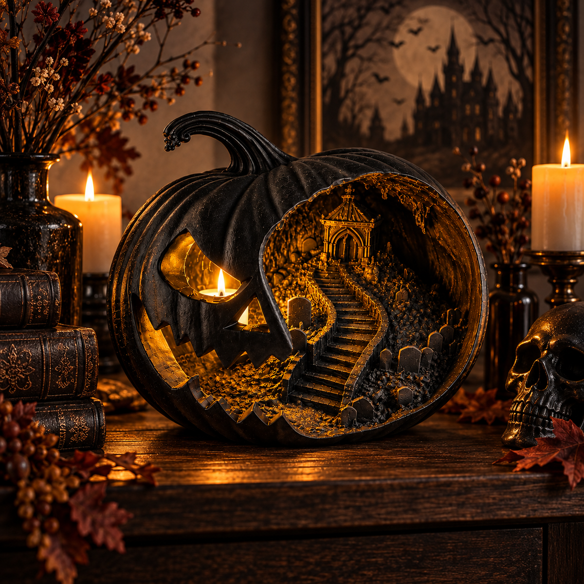 Haunted Pumpkin Lantern, Gothic Jack O Lantern, Spooky Cemetery Scene, Halloween Decor (8 Inch)