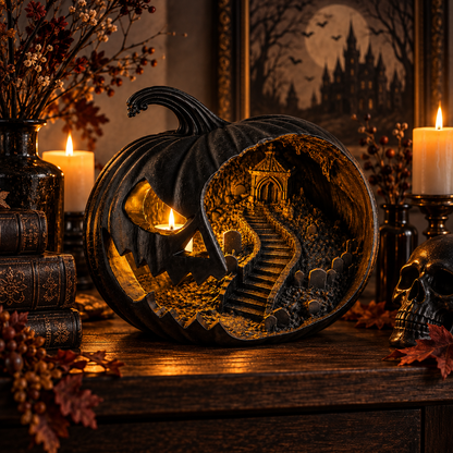 Haunted Pumpkin Lantern, Gothic Jack O Lantern, Spooky Cemetery Scene, Halloween Decor (8 Inch)