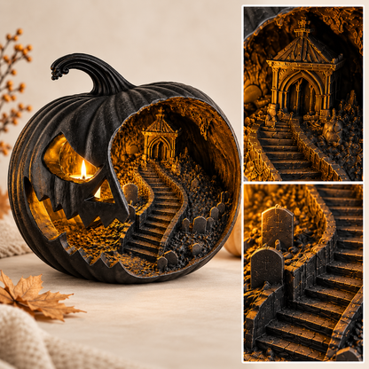 Haunted Pumpkin Lantern, Gothic Jack O Lantern, Spooky Cemetery Scene, Halloween Decor (8 Inch)