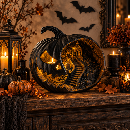 Haunted Pumpkin Lantern, Gothic Jack O Lantern, Spooky Cemetery Scene, Halloween Decor (8 Inch)