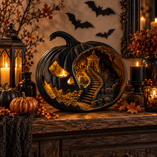 Haunted Pumpkin Lantern, Gothic Jack O Lantern, Spooky Cemetery Scene, Halloween Decor (8 Inch)