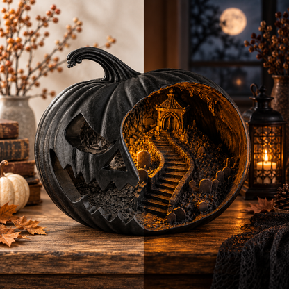 Haunted Pumpkin Lantern, Gothic Jack O Lantern, Spooky Cemetery Scene, Halloween Decor (8 Inch)
