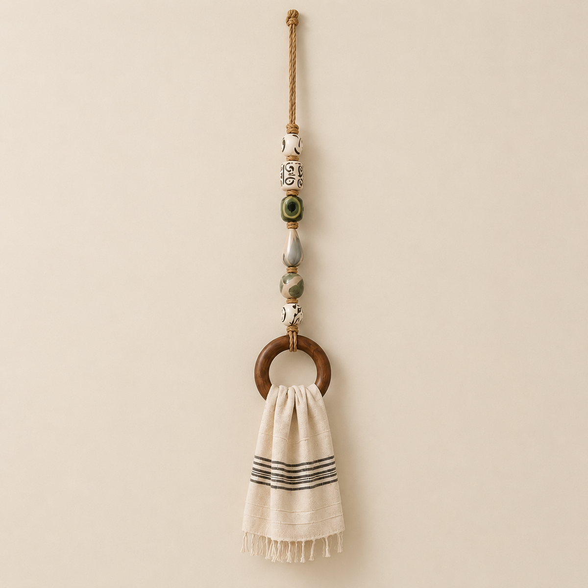 Coastal Blue Beaded Towel Hanger with Wooden Ring
